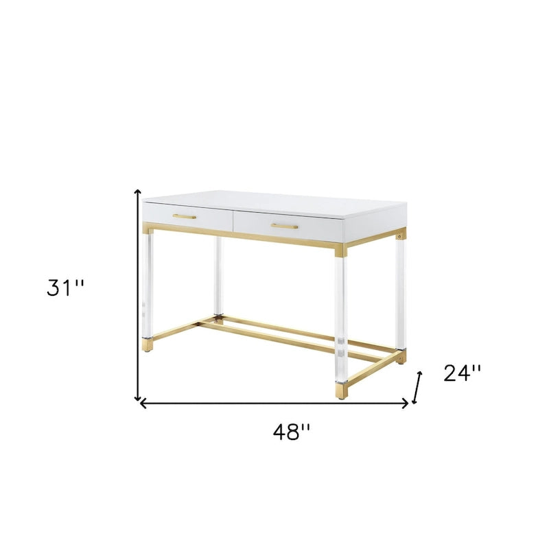 Bureau d'écriture en acier et acrylique transparent/doré, transparent/argenté et argenté avec 2 tiroirs, 1 personne