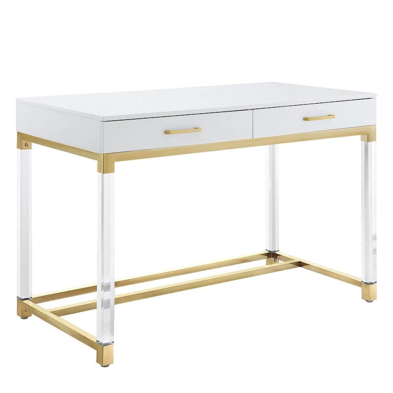 Bureau d'écriture en acier et acrylique transparent/doré, transparent/argenté et argenté avec 2 tiroirs, 1 personne
