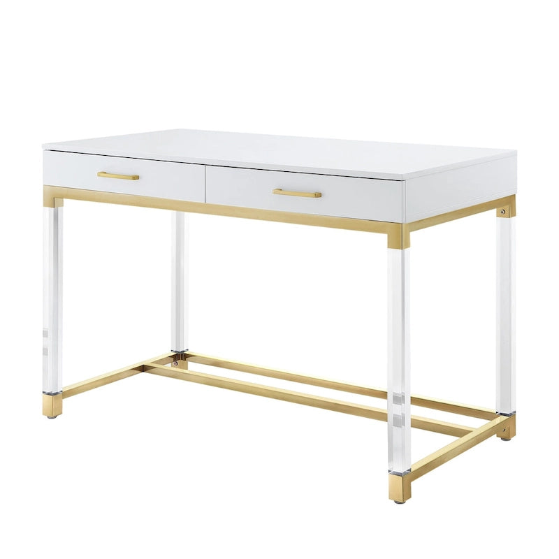 Bureau d'écriture en acier et acrylique transparent/doré, transparent/argenté et argenté avec 2 tiroirs, 1 personne