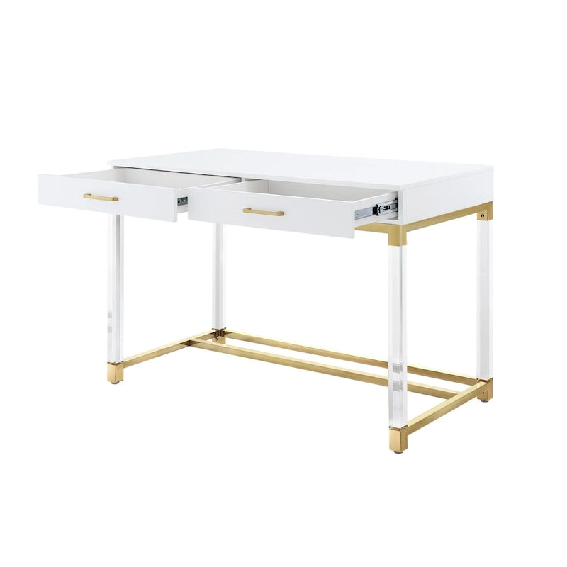 Bureau d'écriture en acier et acrylique transparent/doré, transparent/argenté et argenté avec 2 tiroirs, 1 personne