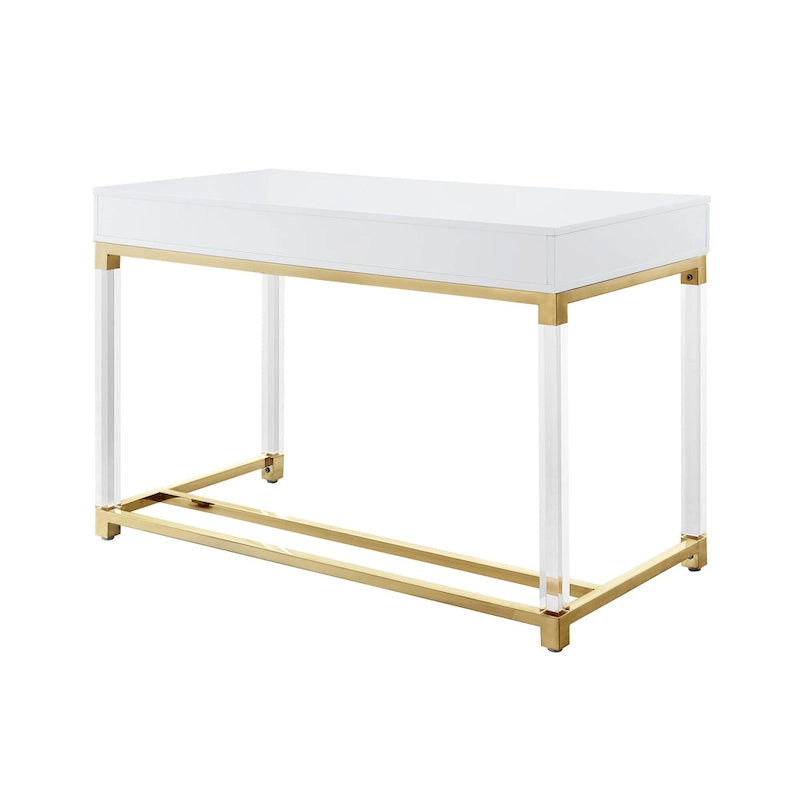 Bureau d'écriture en acier et acrylique transparent/doré, transparent/argenté et argenté avec 2 tiroirs, 1 personne