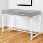 Bureau d'écriture en acier et acrylique transparent/doré, transparent/argenté et argenté avec 2 tiroirs, 1 personne