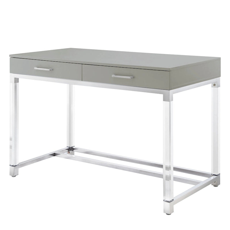 Bureau d'écriture en acier et acrylique transparent/doré, transparent/argenté et argenté avec 2 tiroirs, 1 personne
