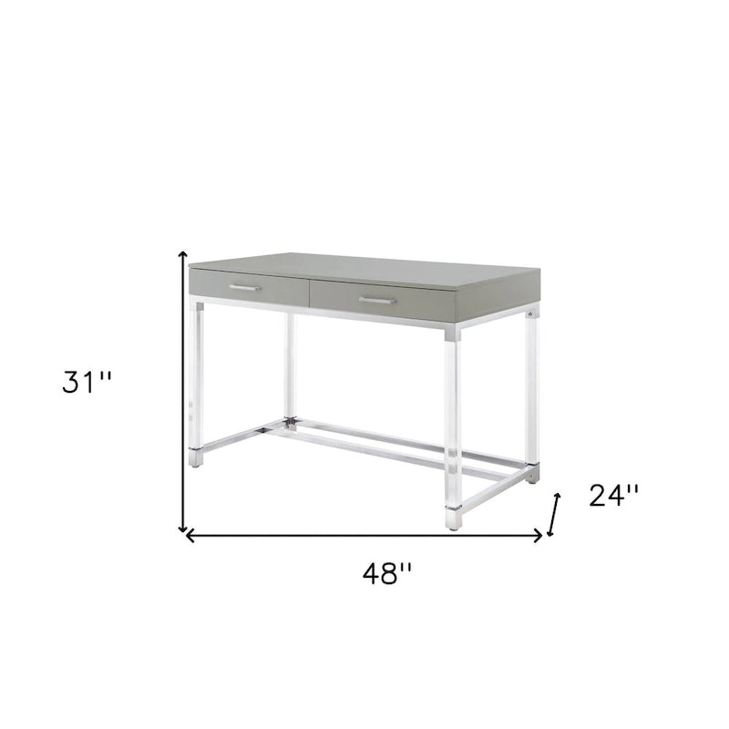 Bureau d'écriture en acier et acrylique transparent/doré, transparent/argenté et argenté avec 2 tiroirs, 1 personne