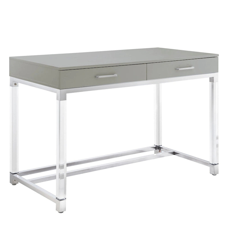 Bureau d'écriture en acier et acrylique transparent/doré, transparent/argenté et argenté avec 2 tiroirs, 1 personne