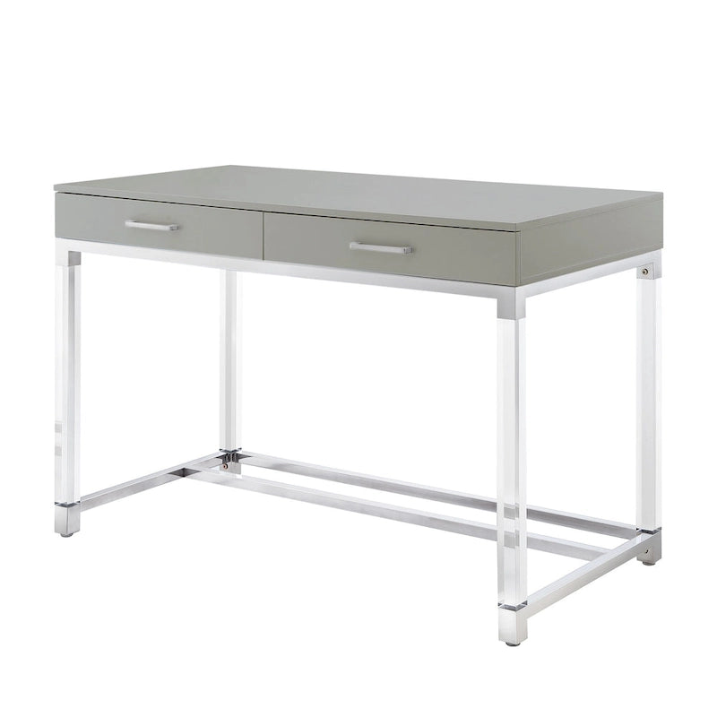 Bureau d'écriture en acier et acrylique transparent/doré, transparent/argenté et argenté avec 2 tiroirs, 1 personne