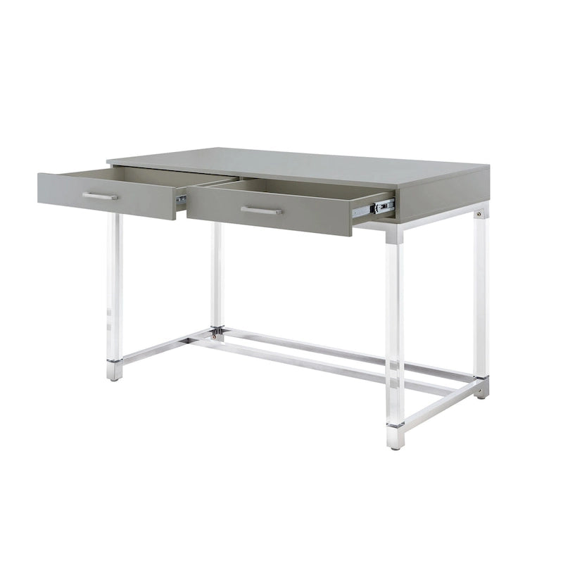 Bureau d'écriture en acier et acrylique transparent/doré, transparent/argenté et argenté avec 2 tiroirs, 1 personne