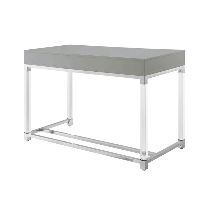Bureau d'écriture en acier et acrylique transparent/doré, transparent/argenté et argenté avec 2 tiroirs, 1 personne