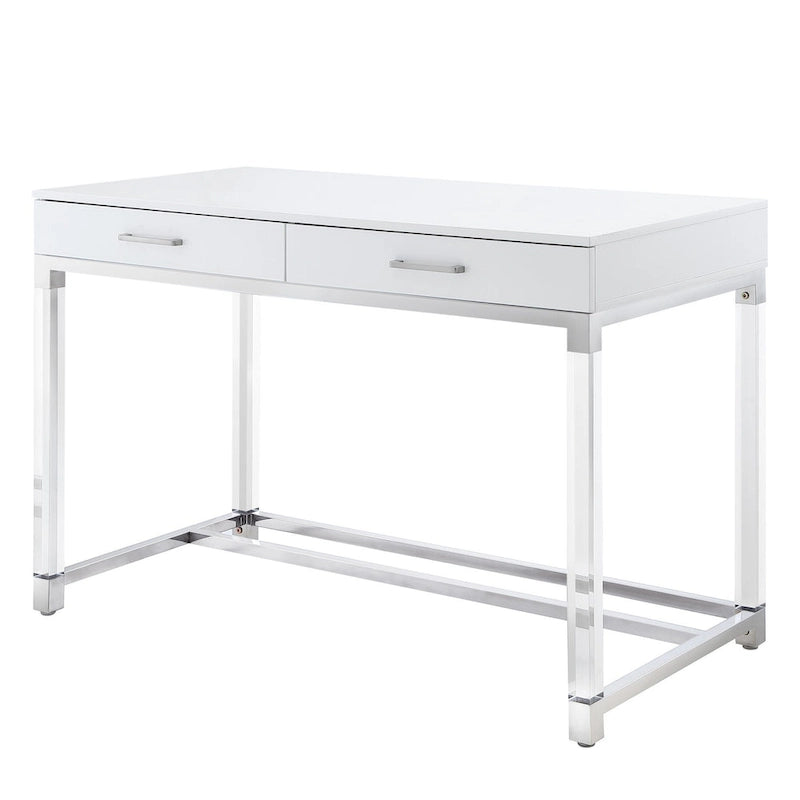 Bureau d'écriture en acier et acrylique transparent/doré, transparent/argenté et argenté avec 2 tiroirs, 1 personne