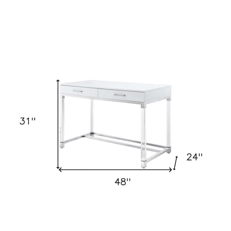 Bureau d'écriture en acier et acrylique transparent/doré, transparent/argenté et argenté avec 2 tiroirs, 1 personne