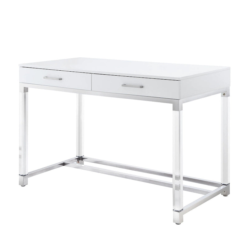 Bureau d'écriture en acier et acrylique transparent/doré, transparent/argenté et argenté avec 2 tiroirs, 1 personne