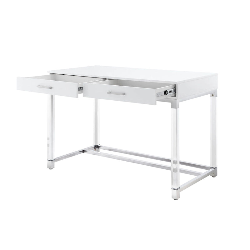 Bureau d'écriture en acier et acrylique transparent/doré, transparent/argenté et argenté avec 2 tiroirs, 1 personne