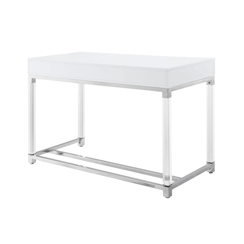 Bureau d'écriture en acier et acrylique transparent/doré, transparent/argenté et argenté avec 2 tiroirs, 1 personne