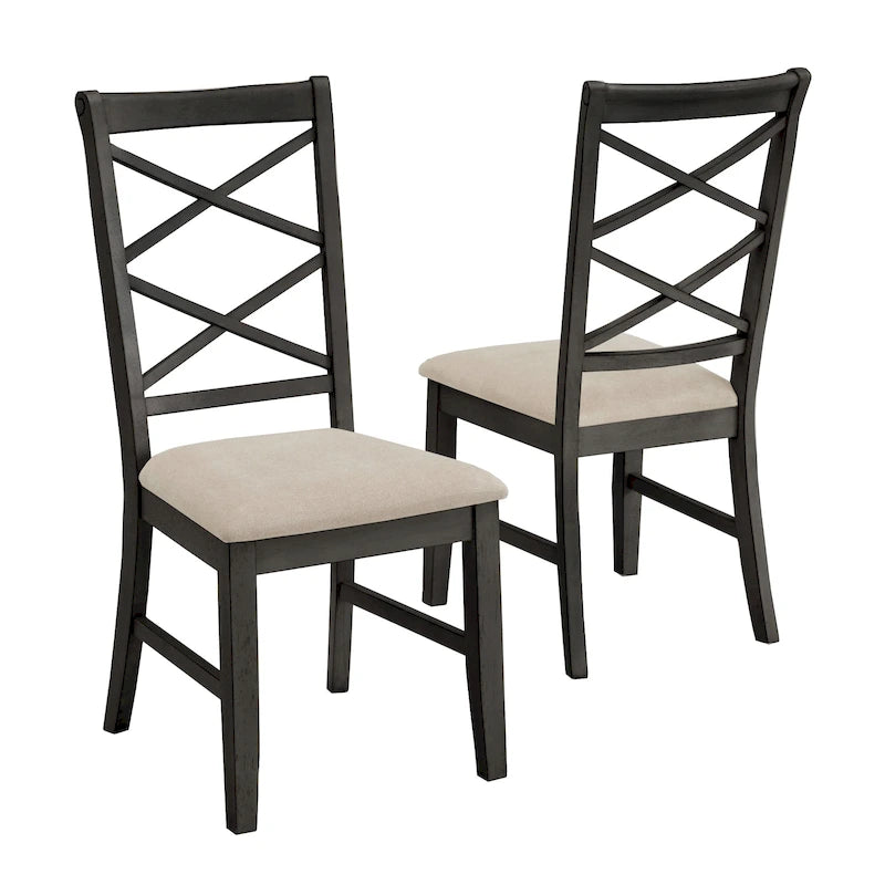 Chaise de salle à manger avec double dossier croisé en tissu sable, coloris blanc antique/noir, lot de 2