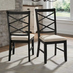 Chaise de salle à manger avec double dossier croisé en tissu sable, coloris blanc antique/noir, lot de 2