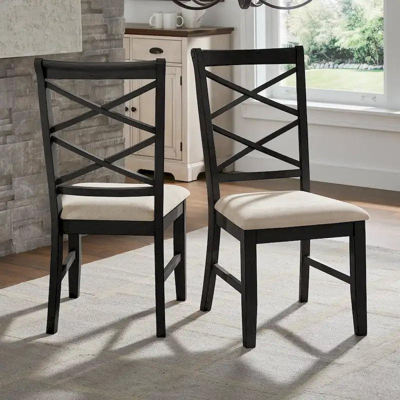 Chaise de salle à manger avec double dossier croisé en tissu sable, coloris blanc antique/noir, lot de 2