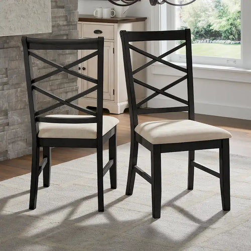 Chaise de salle à manger avec double dossier croisé en tissu sable, coloris blanc antique/noir, lot de 2
