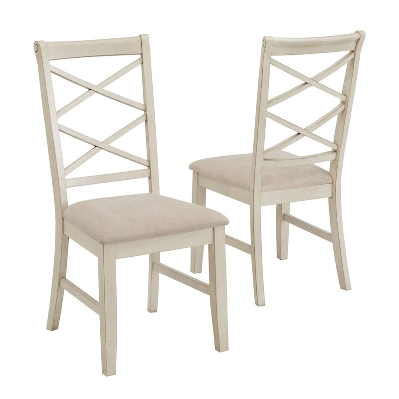 Chaise de salle à manger avec double dossier croisé en tissu sable, coloris blanc antique/noir, lot de 2