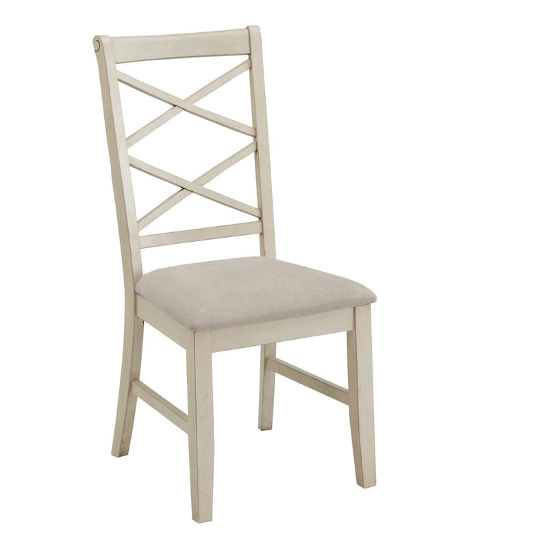 Chaise de salle à manger avec double dossier croisé en tissu sable, coloris blanc antique/noir, lot de 2
