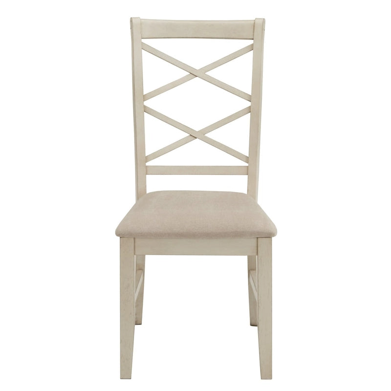 Chaise de salle à manger avec double dossier croisé en tissu sable, coloris blanc antique/noir, lot de 2