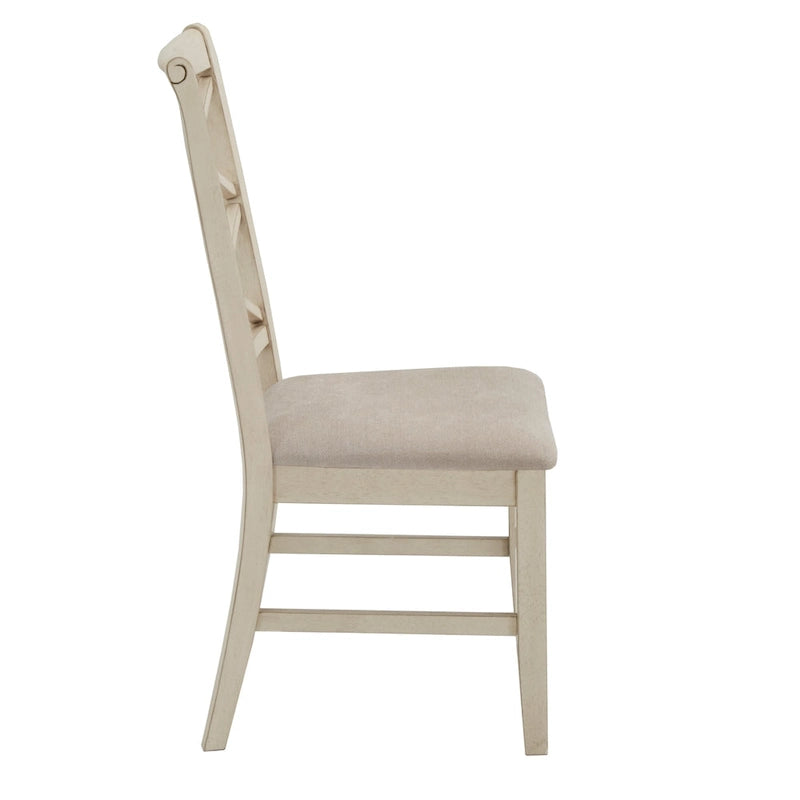 Chaise de salle à manger avec double dossier croisé en tissu sable, coloris blanc antique/noir, lot de 2