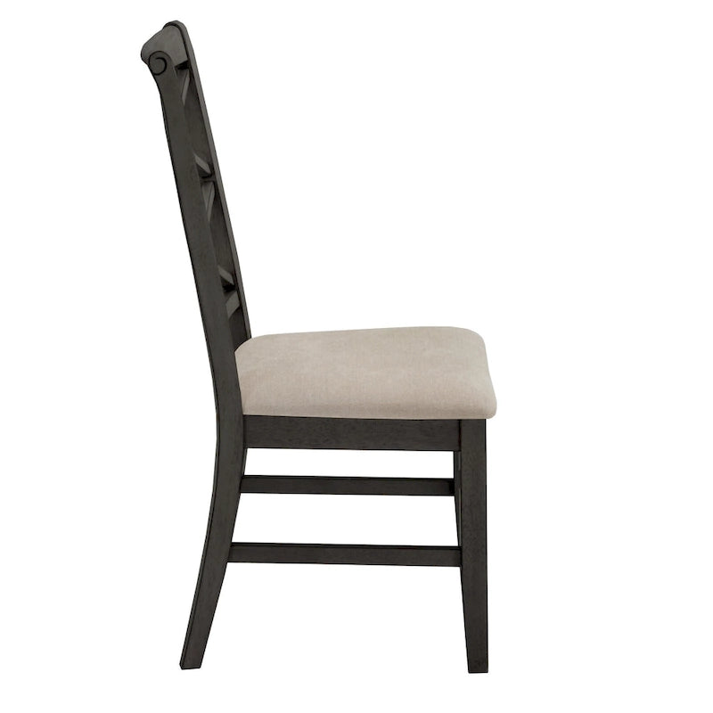 Chaise de salle à manger avec double dossier croisé en tissu sable, coloris blanc antique/noir, lot de 2