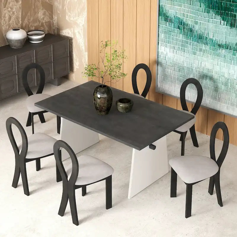 Ensemble table de salle à manger à tréteaux gris/marron pour 6 personnes, avec 6 chaises rembourrées