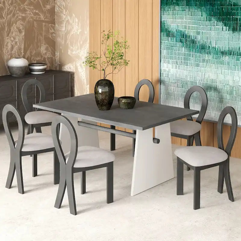 Ensemble table de salle à manger à tréteaux gris/marron pour 6 personnes, avec 6 chaises rembourrées