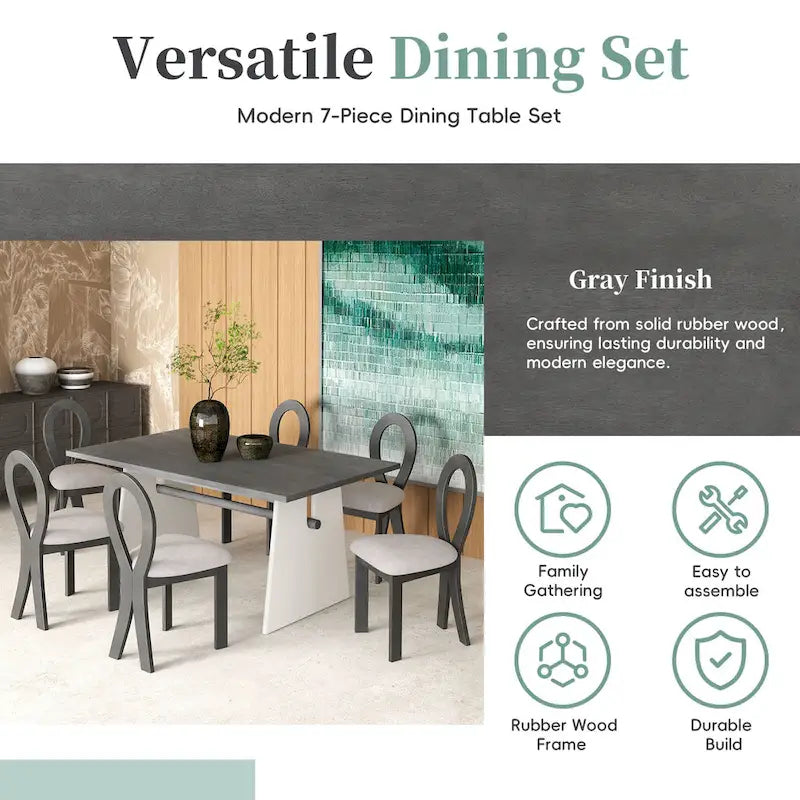 Ensemble table de salle à manger à tréteaux gris/marron pour 6 personnes, avec 6 chaises rembourrées