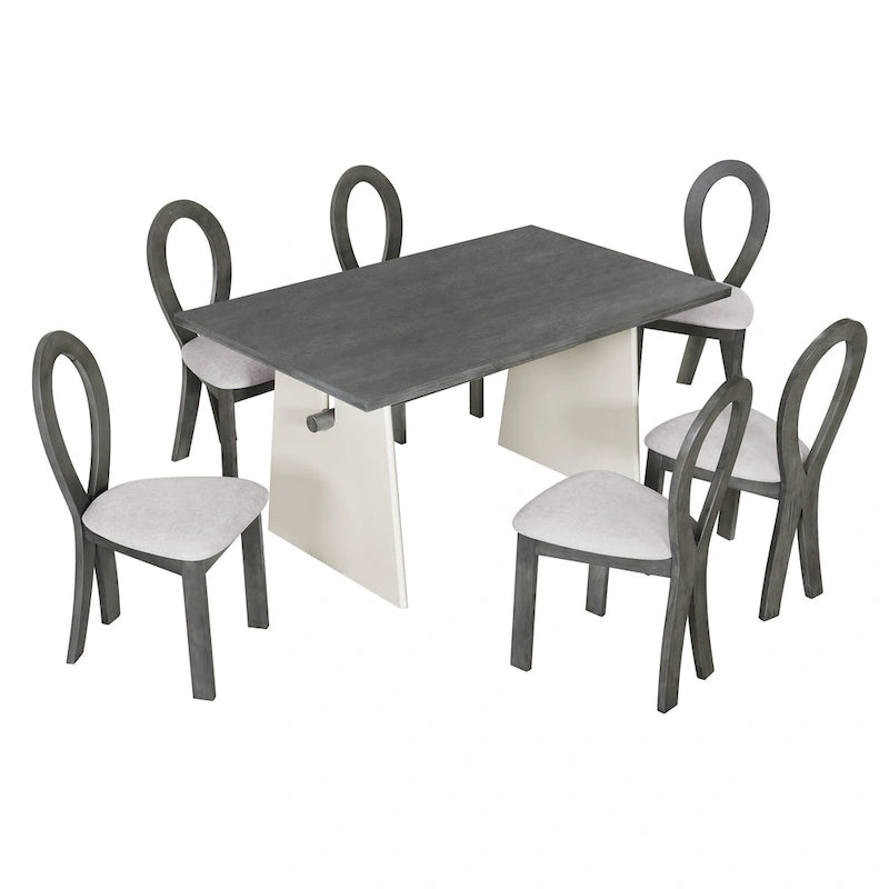 Ensemble table de salle à manger à tréteaux gris/marron pour 6 personnes, avec 6 chaises rembourrées