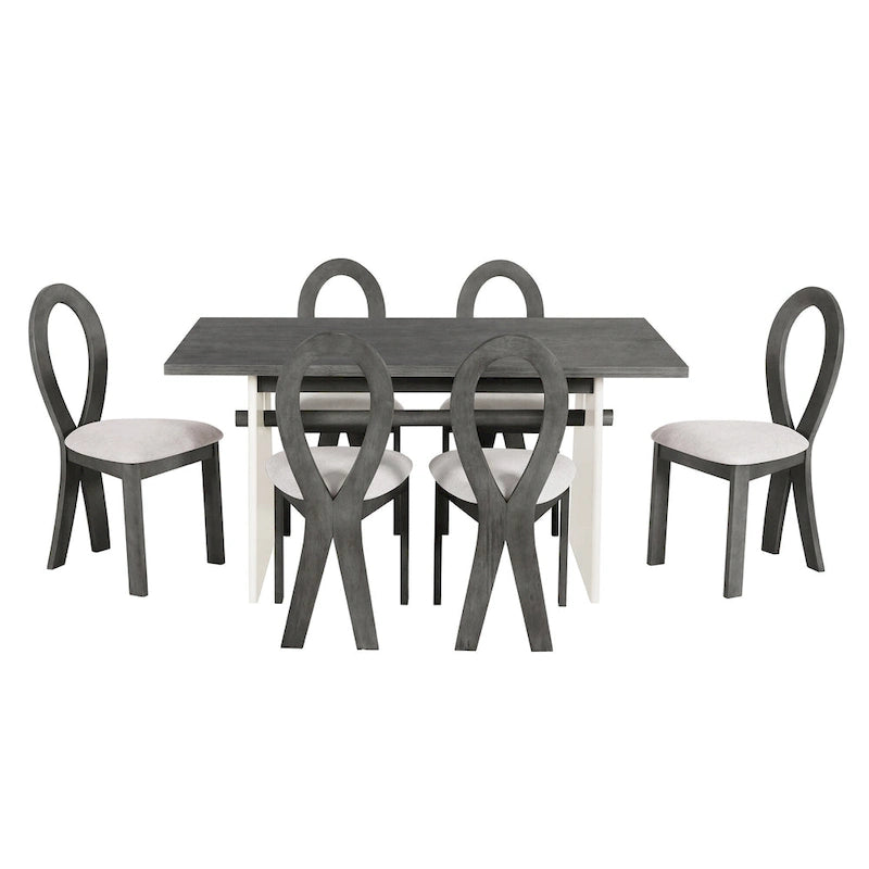 Ensemble table de salle à manger à tréteaux gris/marron pour 6 personnes, avec 6 chaises rembourrées
