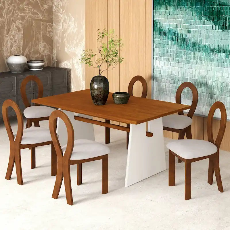 Ensemble table de salle à manger à tréteaux gris/marron pour 6 personnes, avec 6 chaises rembourrées