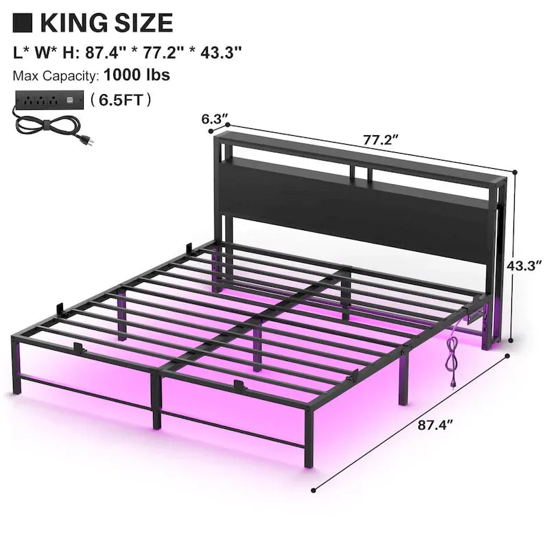 Lit plateforme chêne gris/métal noir avec lumières LED et station de charge, King/Queen, pour 2