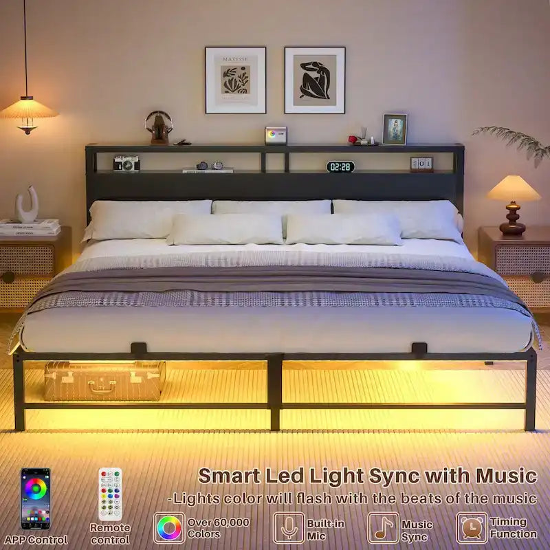 Lit plateforme chêne gris/métal noir avec lumières LED et station de charge, King/Queen, pour 2