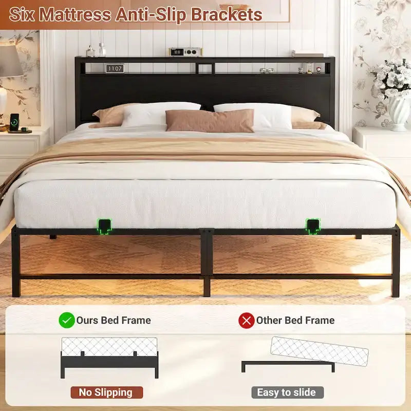 Lit plateforme chêne gris/métal noir avec lumières LED et station de charge, King/Queen, pour 2