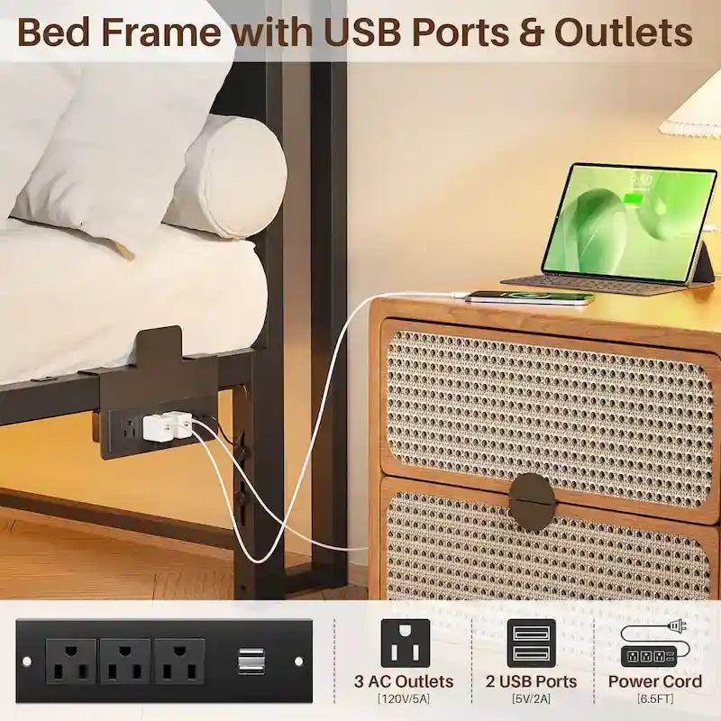 Lit plateforme chêne gris/métal noir avec lumières LED et station de charge, King/Queen, pour 2