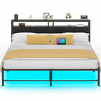 Lit plateforme chêne gris/métal noir avec lumières LED et station de charge, King/Queen, pour 2