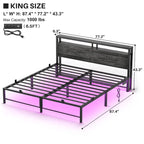Lit plateforme chêne gris/métal noir avec lumières LED et station de charge, King/Queen, pour 2