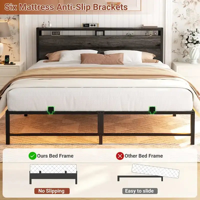Lit plateforme chêne gris/métal noir avec lumières LED et station de charge, King/Queen, pour 2