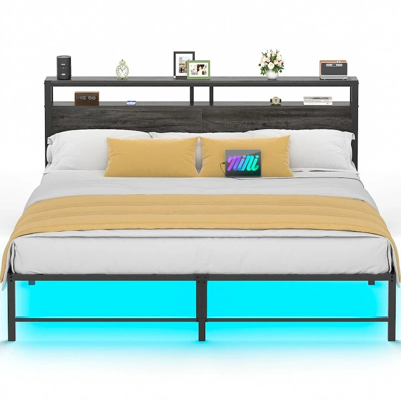 Lit plateforme chêne gris/métal noir avec lumières LED et station de charge, King/Queen, pour 2