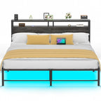 Lit plateforme chêne gris/métal noir avec lumières LED et station de charge, King/Queen, pour 2