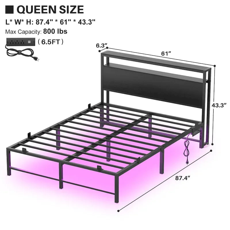 Lit plateforme chêne gris/métal noir avec lumières LED et station de charge, King/Queen, pour 2