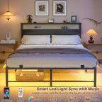 Lit plateforme chêne gris/métal noir avec lumières LED et station de charge, King/Queen, pour 2