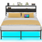 Lit plateforme chêne gris/métal noir avec lumières LED et station de charge, King/Queen, pour 2
