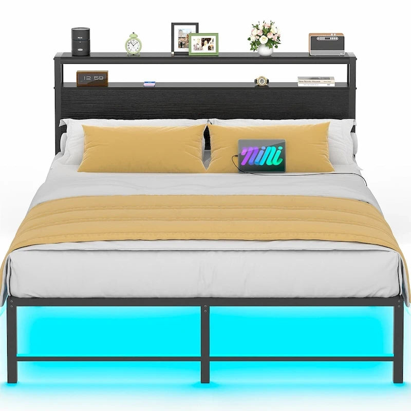 Lit plateforme chêne gris/métal noir avec lumières LED et station de charge, King/Queen, pour 2