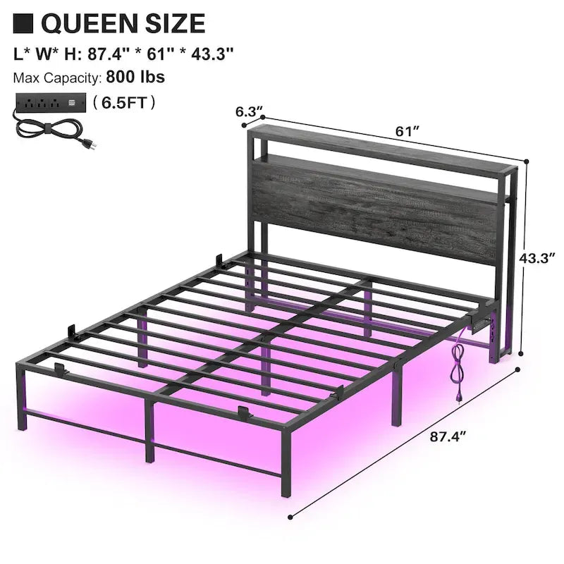 Lit plateforme chêne gris/métal noir avec lumières LED et station de charge, King/Queen, pour 2