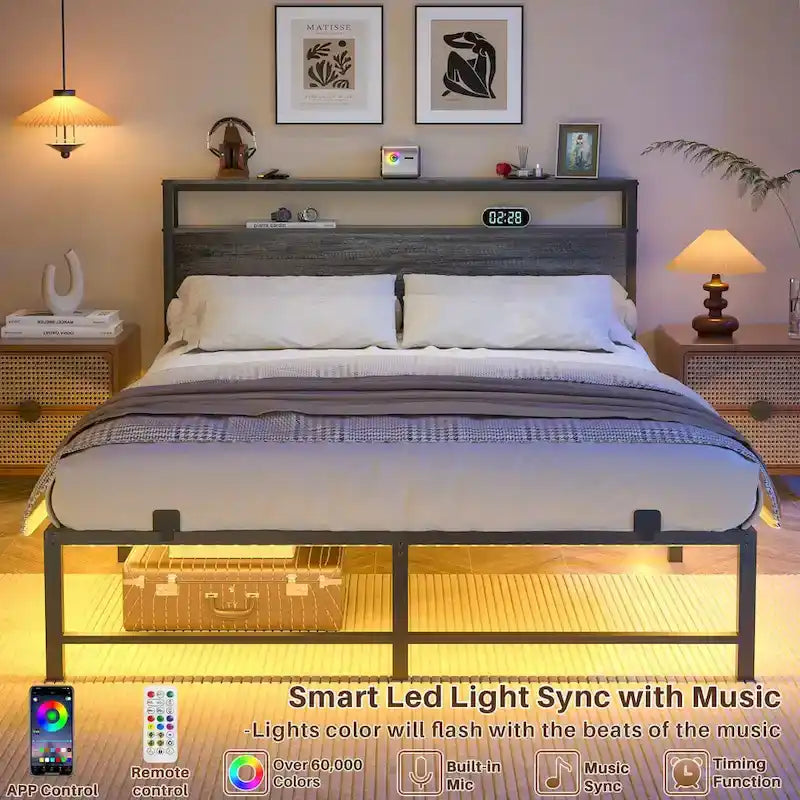 Lit plateforme chêne gris/métal noir avec lumières LED et station de charge, King/Queen, pour 2