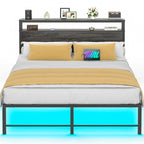 Lit plateforme chêne gris/métal noir avec lumières LED et station de charge, King/Queen, pour 2