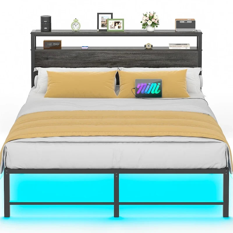 Lit plateforme chêne gris/métal noir avec lumières LED et station de charge, King/Queen, pour 2