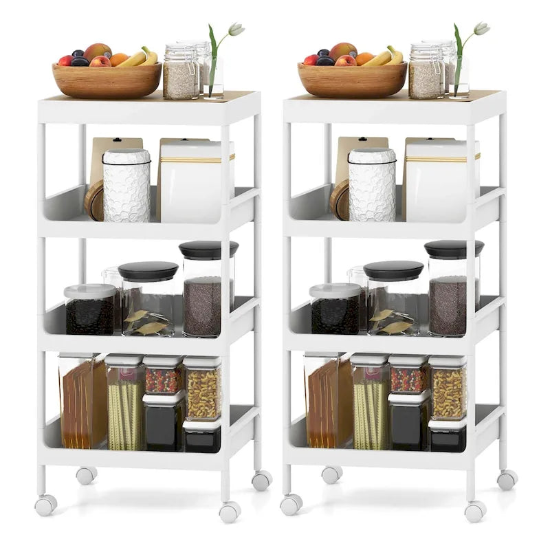 Chariot de rangement roulant à 4 niveaux, blanc et naturel, lot de 2